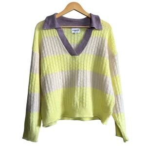 French Paris Yellow & Cream Striped Purple Collared Knit Sweater Size Medium